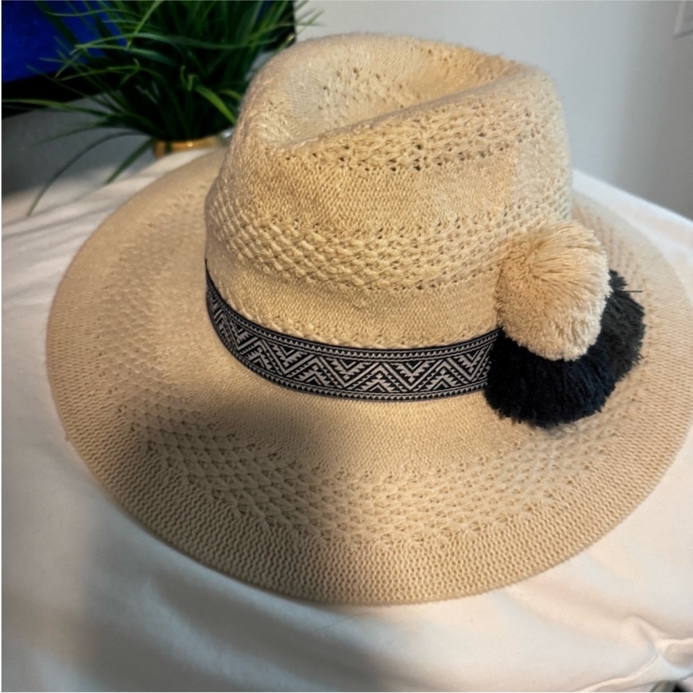 Anthro Woven Hat w/ Pompoms
